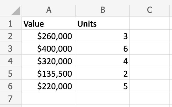 A two-column Value and Units table