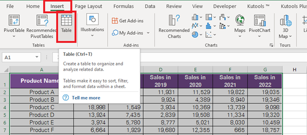 The Table button highlighted on the Insert tab of the Excel ribbon
