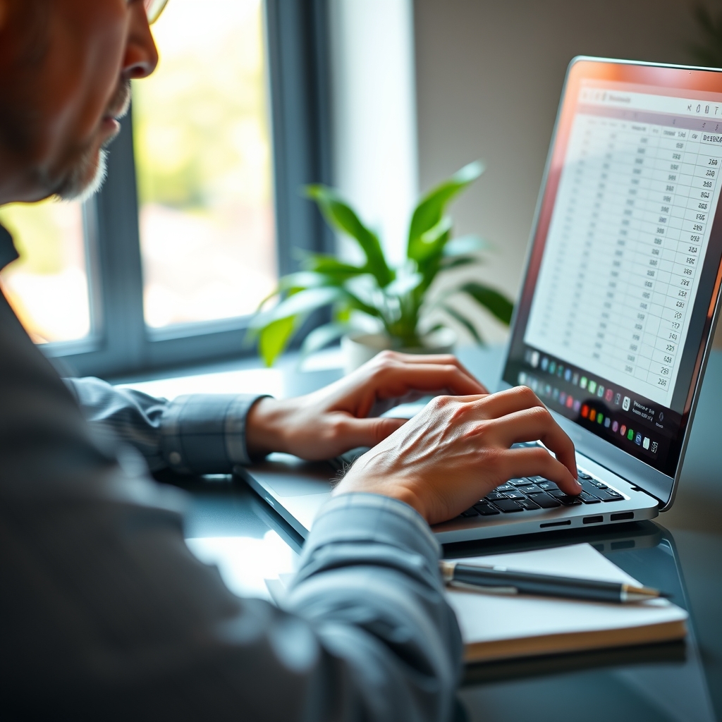 Hands typing an Excel formula on a laptop at a modern desk