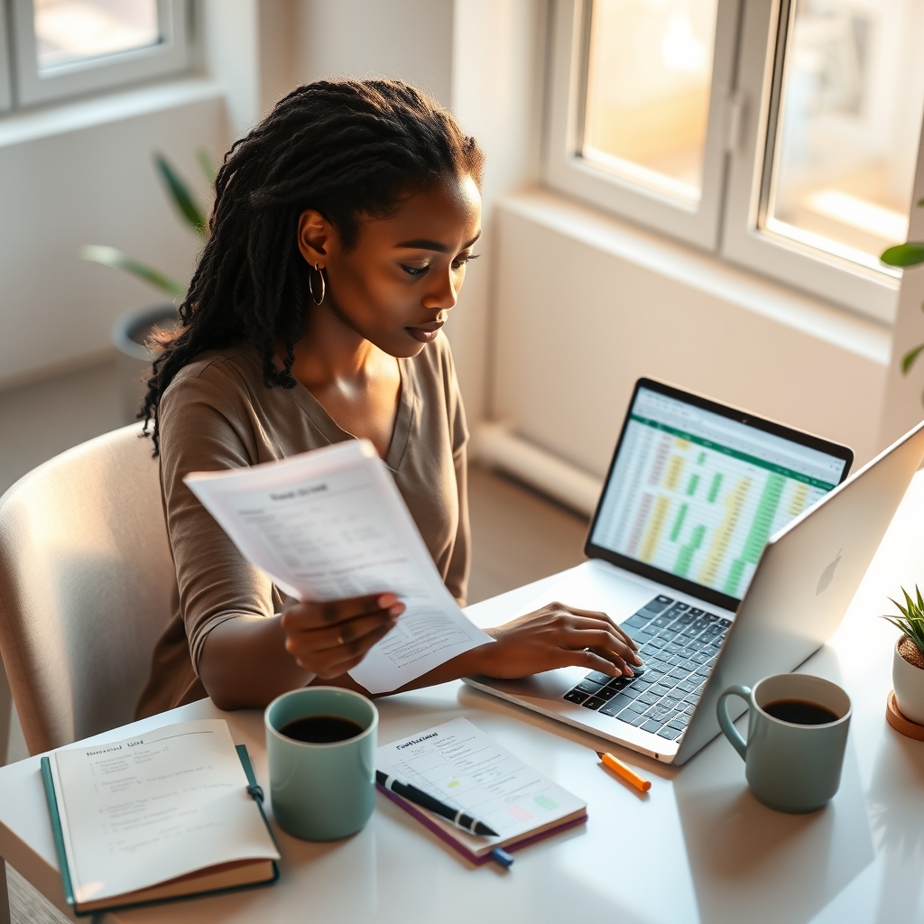 Woman studying an Excel functions cheat sheet at a bright home office desk