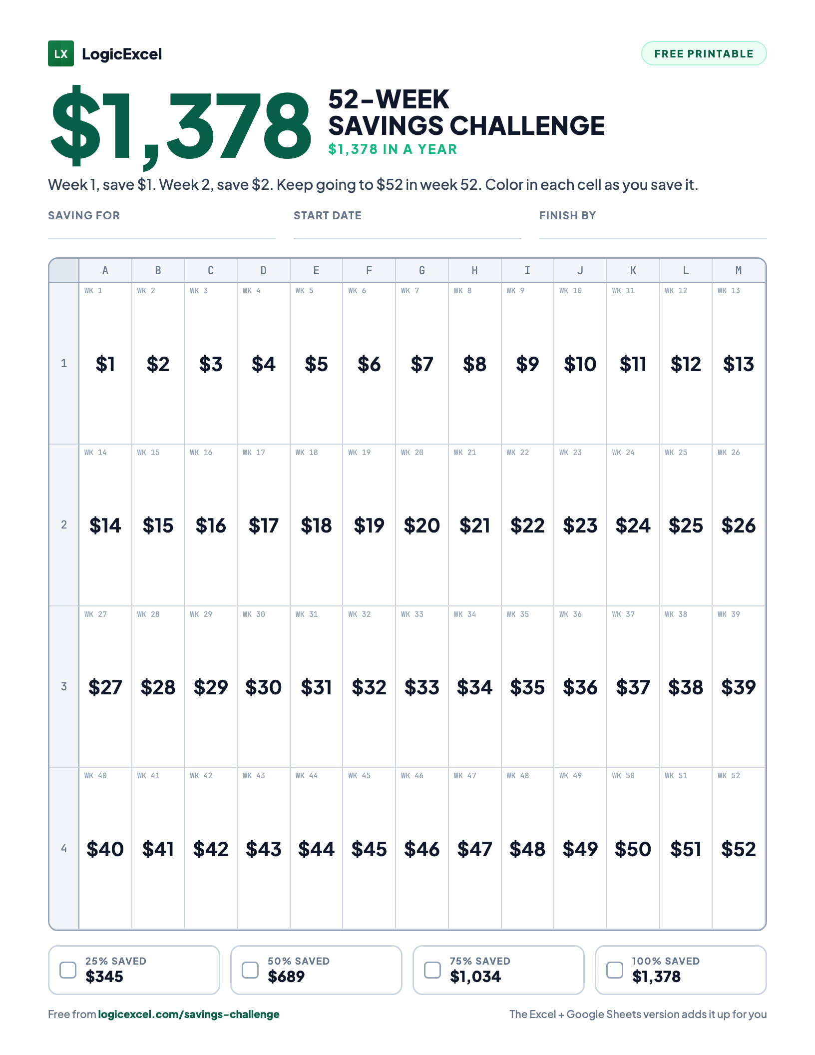 52-Week Savings Challenge Printable (Free PDF + Excel Tracker)