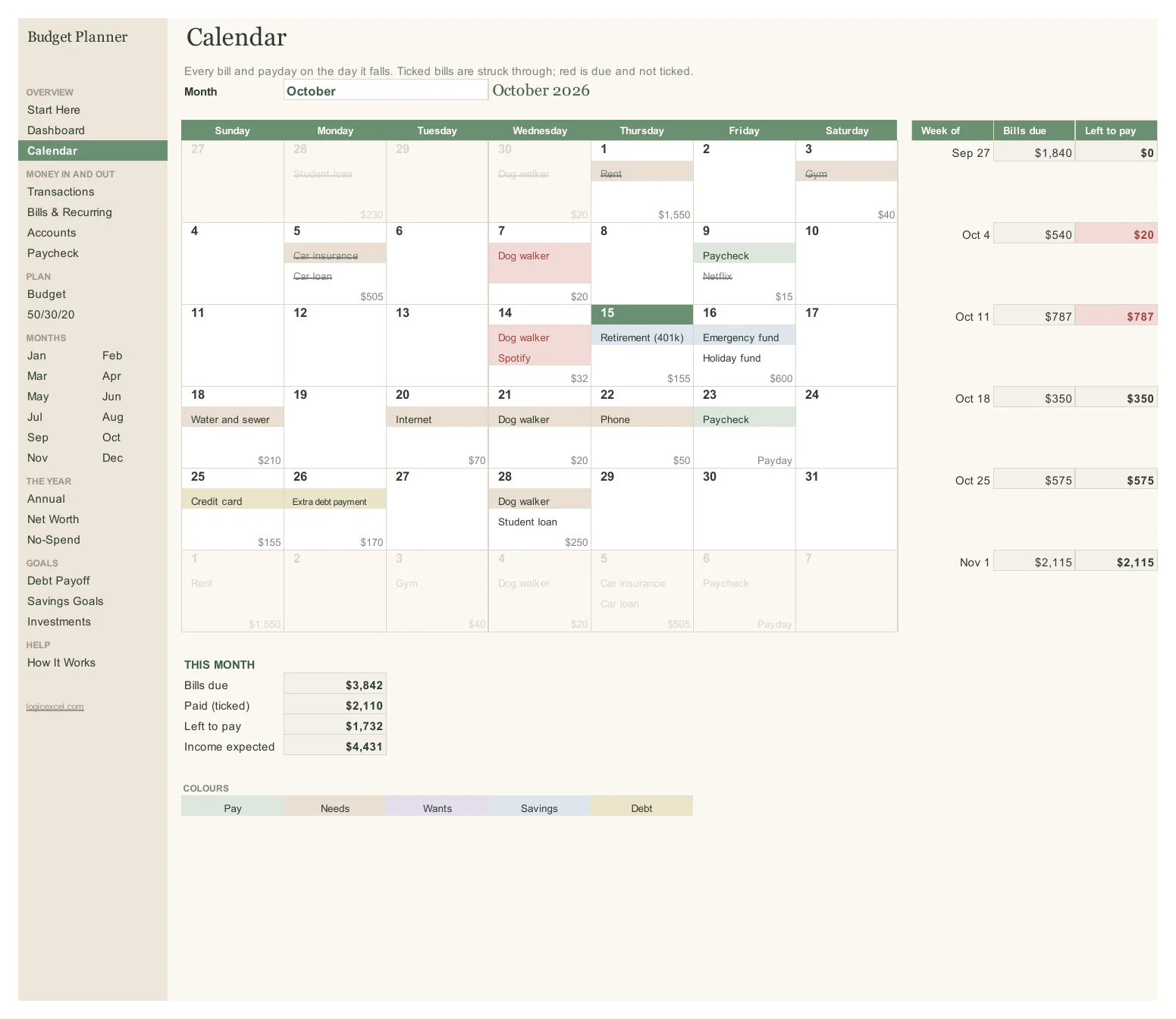 Bill calendar for September with paydays every two weeks