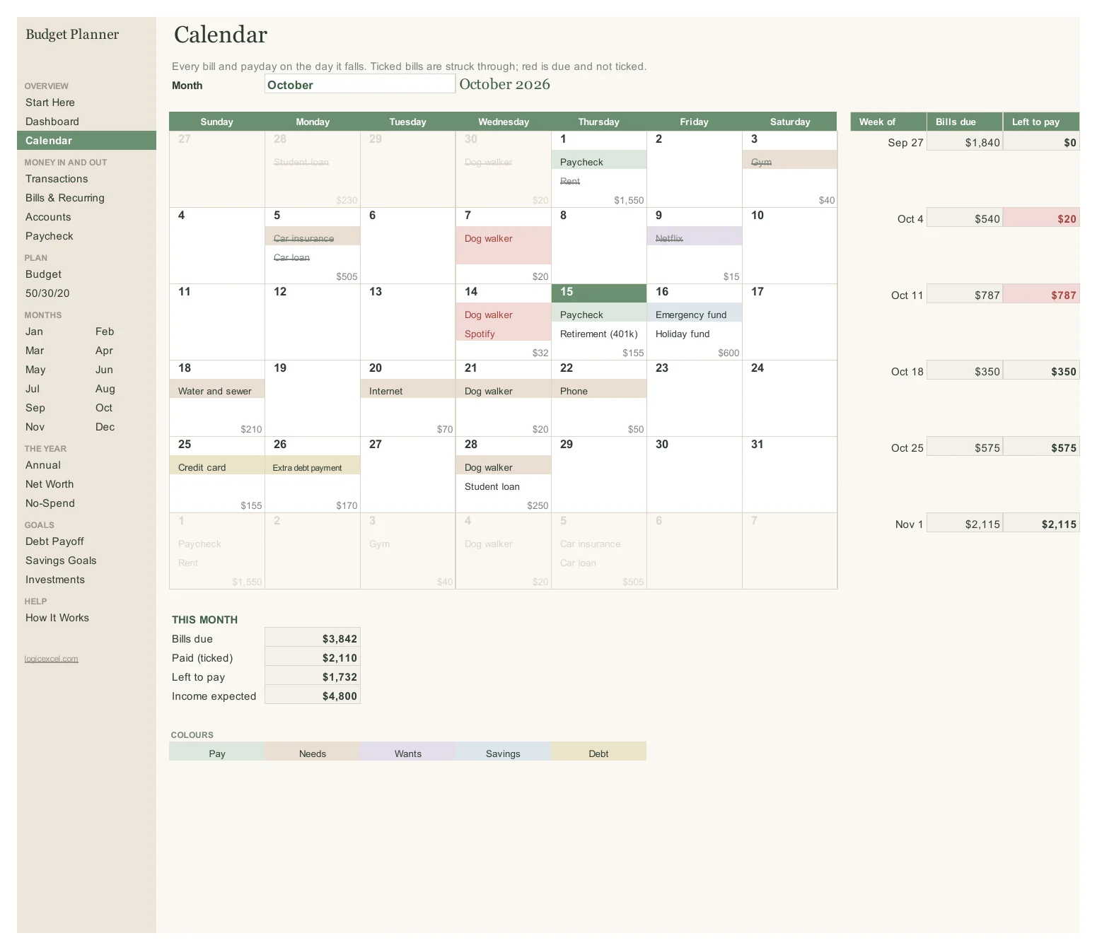 Calendar tab for October with bills and paydays on their days