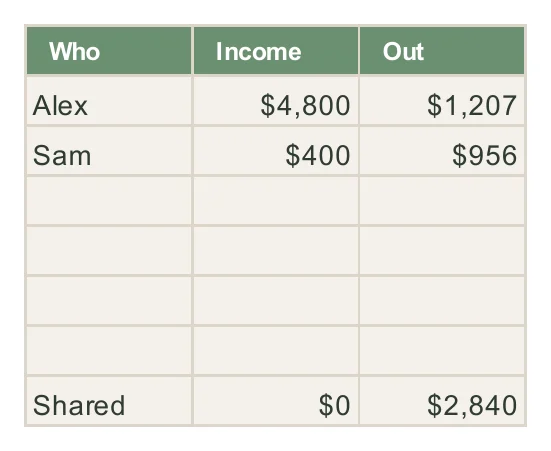 Dashboard table of income and spending for Alex, Sam and shared costs